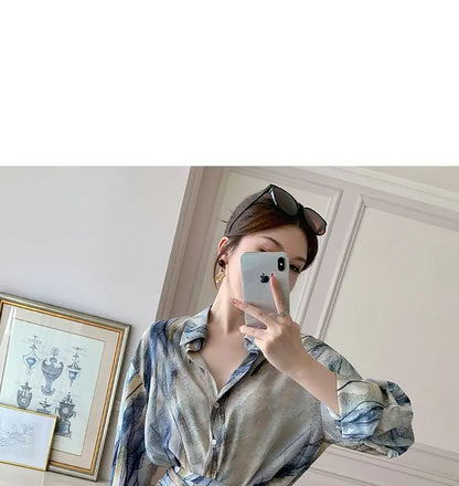 Spring Autumn New Fashion Dress Sets Women Turn-down Collar Long Sleeve Button Printing Shirt Lacing Mid-length A-line Skirt