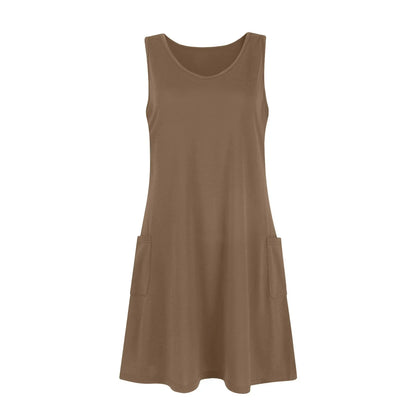 Womens Summer Dresses Plain Loose V Neck Sleeveless Sundresses Swimsuit Coverup With Pockets Vestidos Para Mujer платье женское
