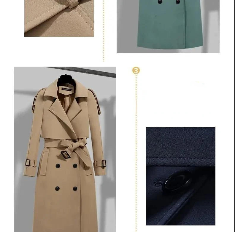 Women's Long Coats with Belt Autumn Korean Windbreaker Ladies Double-breasted Solid Khaki Adjustable Waist Trench Coat for Women