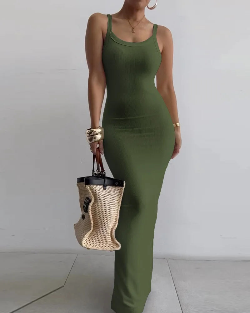 CM.YAYA Summer Women Sleeveless Strap O-neck Sexy 2024 Summer Long Evening Dress Knit Ribbon Night Club Party Maxi Dresses