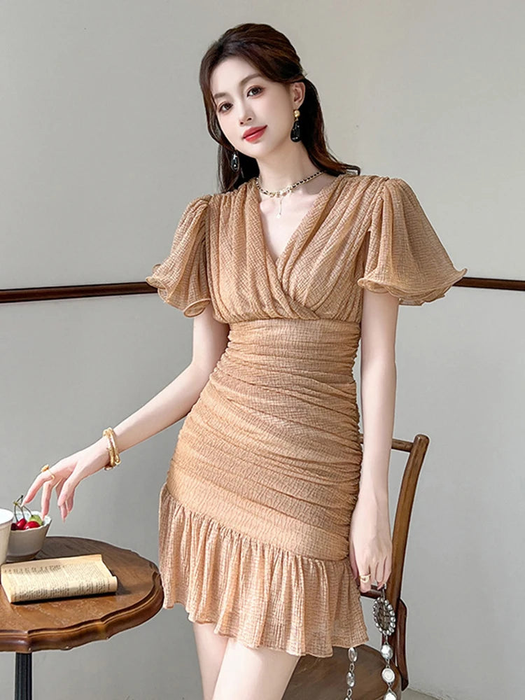 New Elegant Vintage Gold Bright Silk Evening Dress Women Clothes Ruffle V-Neck Folds Slim Short Party Birthday Vestidos Fiesta