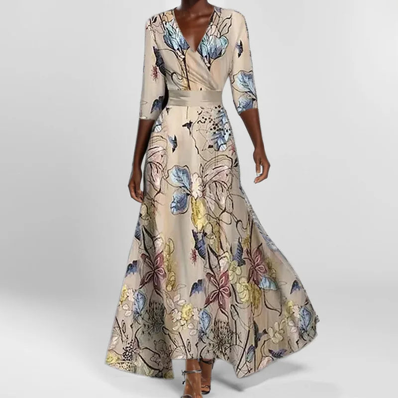 Spring Summer Women Fashion V Neck Belted Party Long Dress Sexy Printing  Boho Maxi Dresses Short Sleeve Pocket Femlae Holiday
