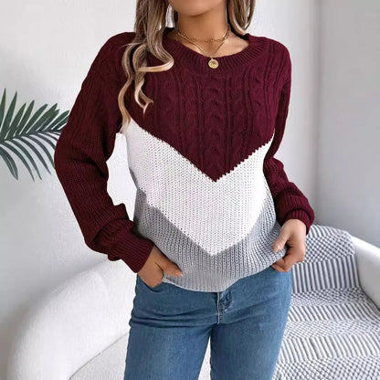 New Autumn Winter Color-blocking Lantern Sleeve Fashion Knitted Pullover Sweater Jersey Invierno Mujer Sweaters Womens Top Femme