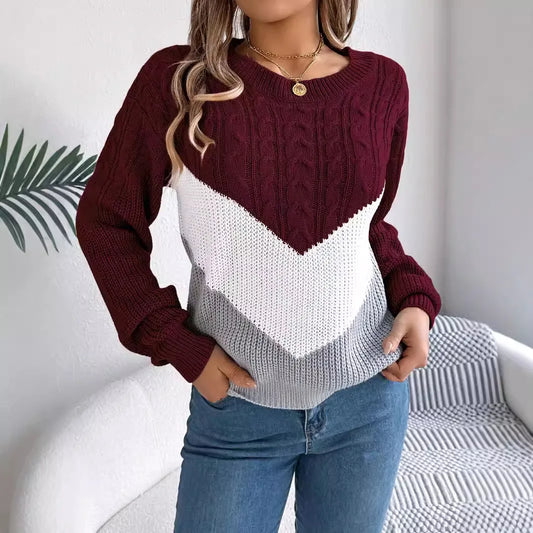 New Autumn Winter Color-blocking Lantern Sleeve Fashion Knitted Pullover Sweater Jersey Invierno Mujer Sweaters Womens Top Femme