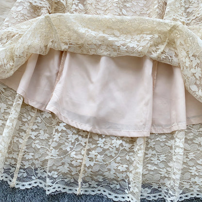 Spring France Elegant Vintage High End Evening Dress Women 3D Flower Lace Hollow Out Party Dress Female Casual Chic Clothing New