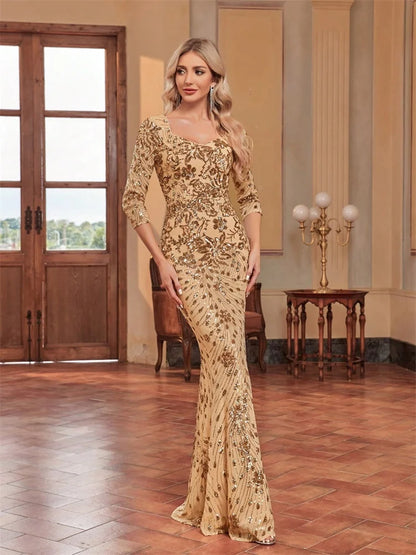Luxury Champagne Evening Dress Women 2024 Long Mermaid Formal Sequins V-neck Prom Elegant Wedding Party Cocktail Gown