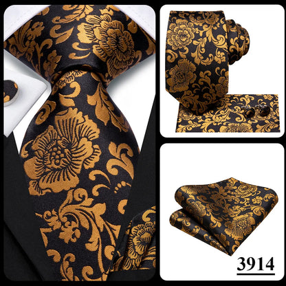 Hi-Tie Psialey Black Gold Silk Elegant Tie For Men Groom Wedding Men Necktie Pocket Square Cufflink Accessory Wholesale Designer