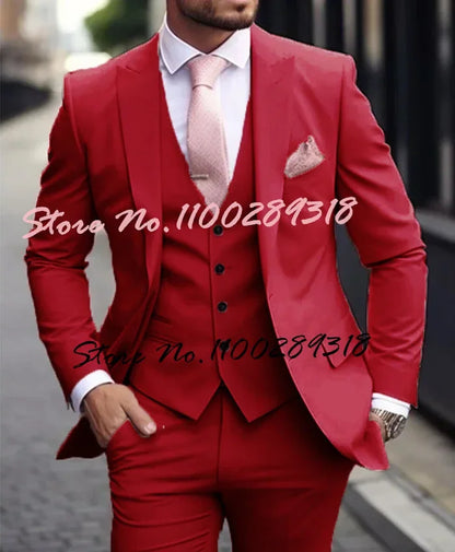 Pink Luxury Men's Suits Terno Formal Outfits 3 Piece Jacket Pants With Vest Slim Fit Luxury Costume Homme Formal Occasion Terno