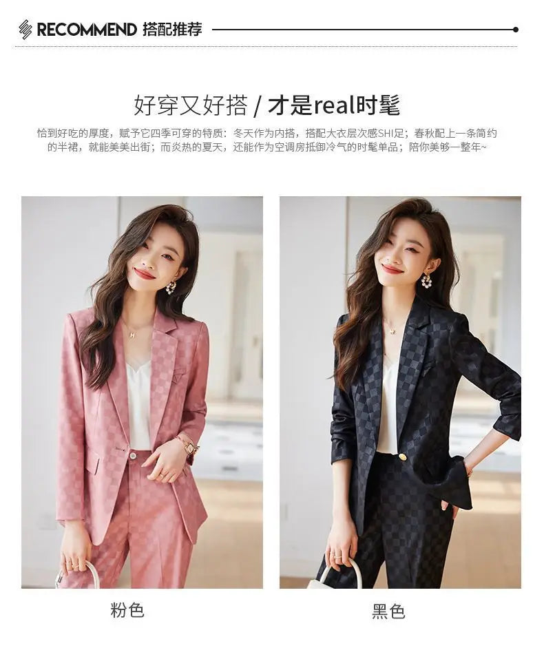 Women's Spring Autumn New Fashion Plaid Professional Suit Jacket Matching Set Korean Elegant Casual Blazers Pants Two Piece