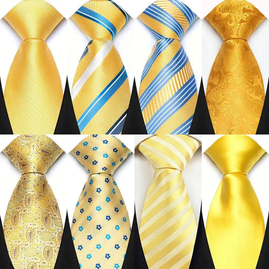 Luxury 8CM Mens Necktie Yellow Color Dot Stripes Solid Ties For Man Groom Jacquard Woven Neck Tie For Business Wedding Party