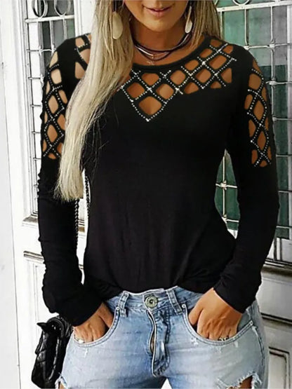 Autumn Winter New Women's Fashion Solid Color Hollow Diamond Splicing Long Sleeve T-shirt Casual Comfortable Top For Women