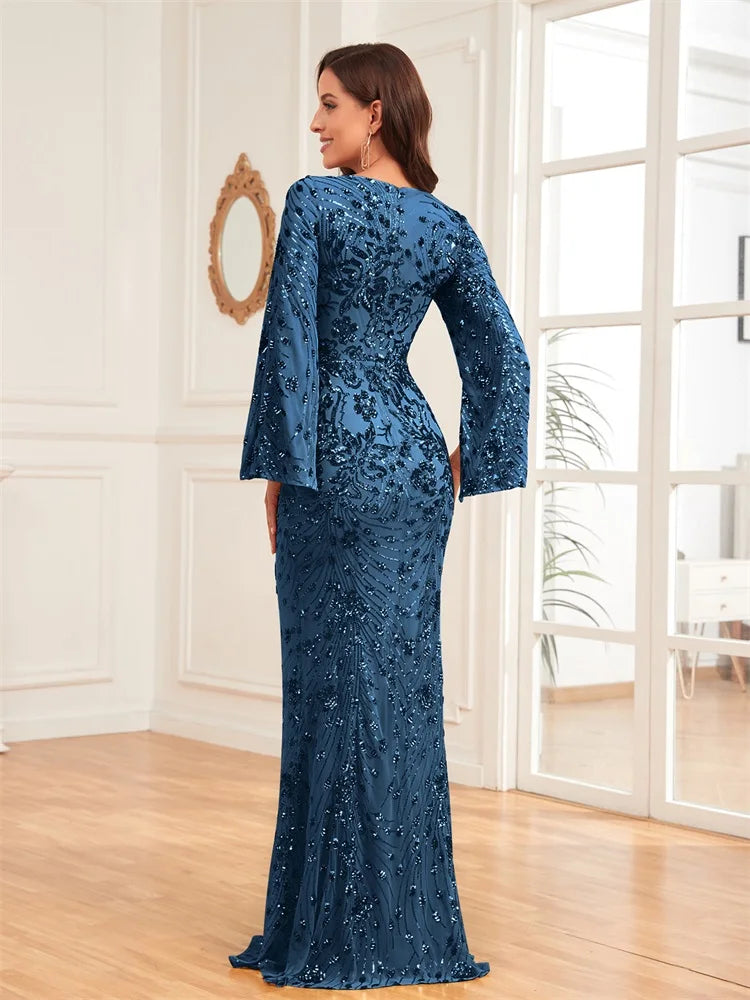 Lucyinlove Luxury Champagne Evening Dresses For Women 2025 Long Sleeve Mermaid Formal Sequins V-neck Prom Wedding Party Gowns