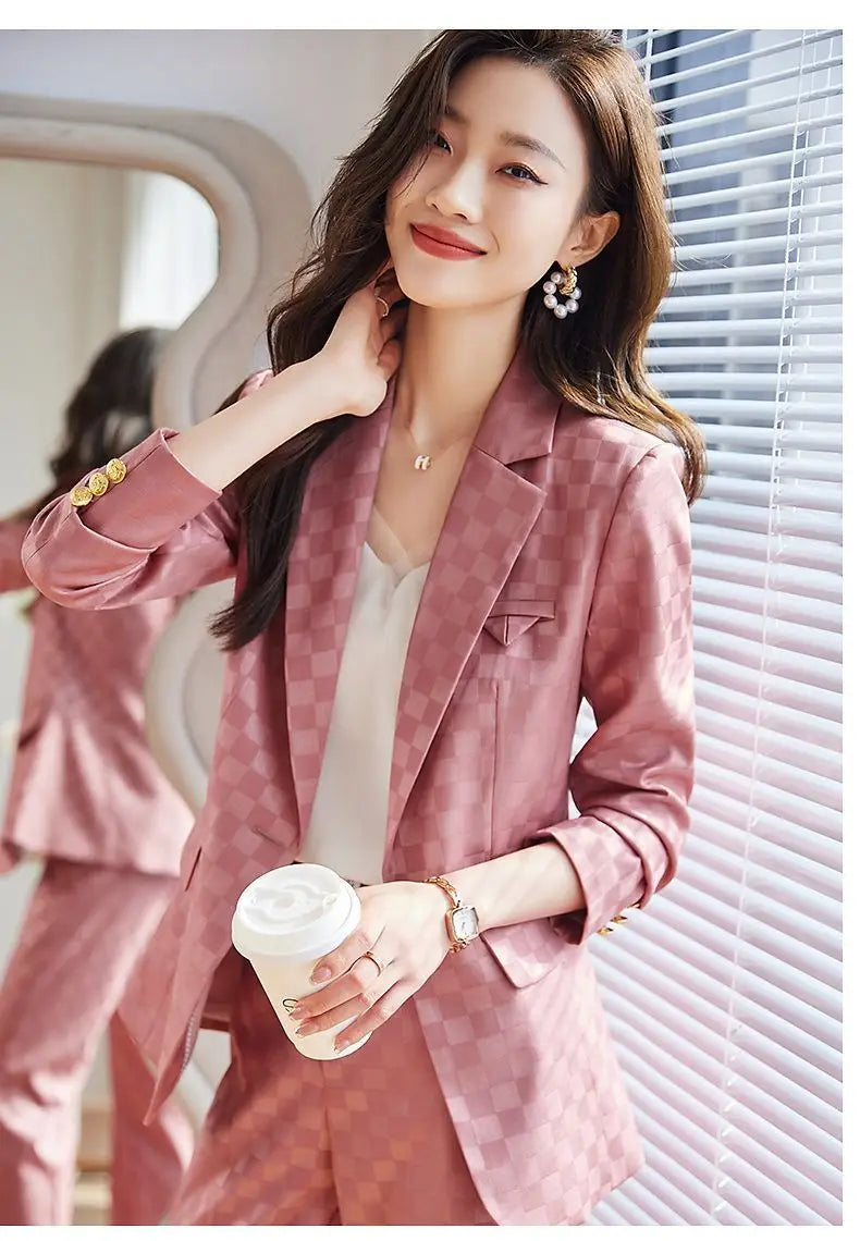 Women's Spring Autumn New Fashion Plaid Professional Suit Jacket Matching Set Korean Elegant Casual Blazers Pants Two Piece