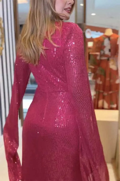Autumn Winter Luxurious Sexy Sequins Cocktail Party Dress Prom Gown Cloak Sleeve V Neck Folds Corset Evening Floor Length Dress