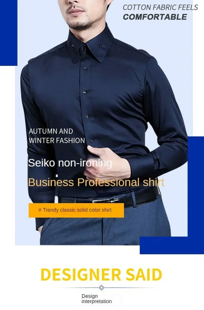 Men's Dress Shirt Autumn Spring Long Sleeve Business Blue Casual Shirts Female Coat Slim-fit Non-ironing Solid Color Black