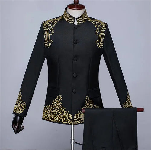 New Men Standing Collar Embroidered Suit 2 Piece Fashion Male Business Social Wedding Prom Stage Performance Dress Blazer Pant
