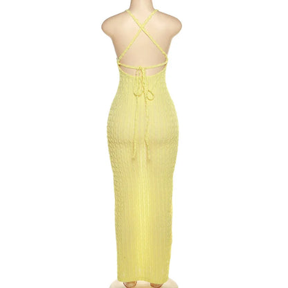 ANJAMANOR Halter Backless Maxi Summer Dresses for Women 2023 Sexy Beach Vacation Outfits Yellow Frilled Slit Long Dress D96-BH26