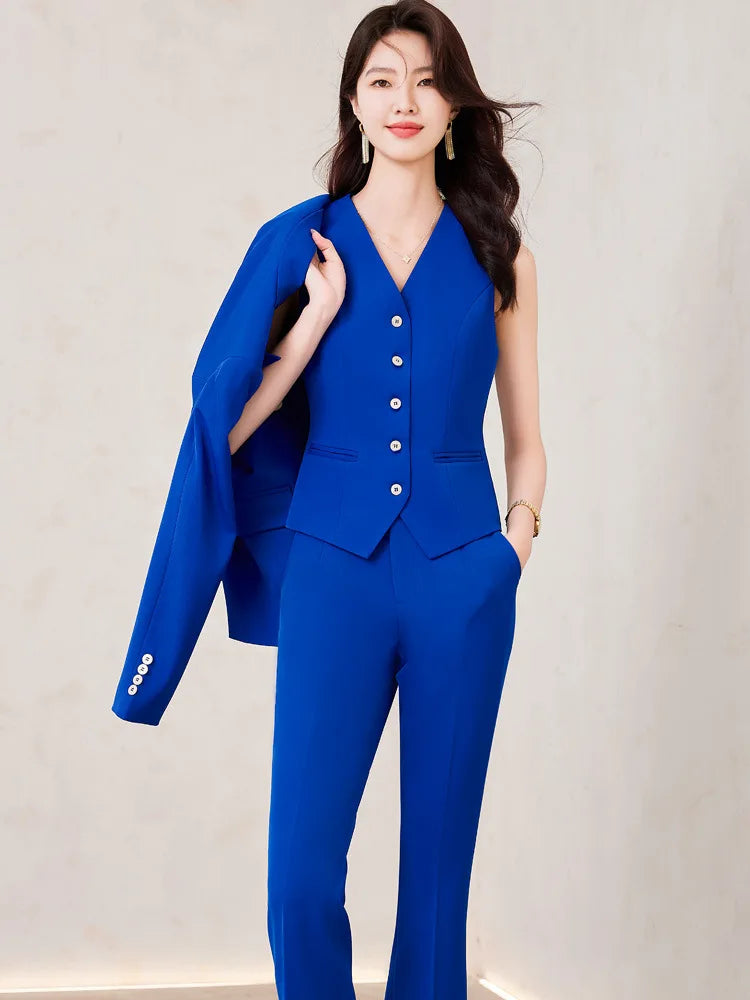 Temperament Women's Office Suit Jacket Pants Vest 3 Piece Blue Notch Lapel Jacket Autumn Women's Pants Sets ropa de mujer