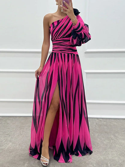 Spring Summer One Off Shoulder Fashion Party Dress, Women Printing Skew Collar Slim Maxi Dress, Long Sleeve Elegant Ladies Dress