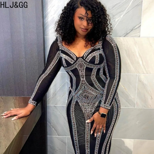 HLJ&GG Black Fashion Rhinestone Bodycon Party Club Floor Dresses Women Long Sleeve Slim Elasticity Vestidos Sexy Female Clothing