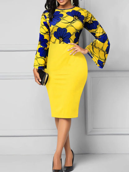 LW BASICS Plus Size Floral Print Flared Bodycon Dress Autumn Elegant Long Sleeve Round Neck Dresses for women 2023