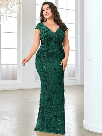 XUIBOL Plus Size  Elegant Sequin Evening Dress Long 2024 Women Mermaid Formal Deep V-neck Prom Luxury Wedding Party Dresses