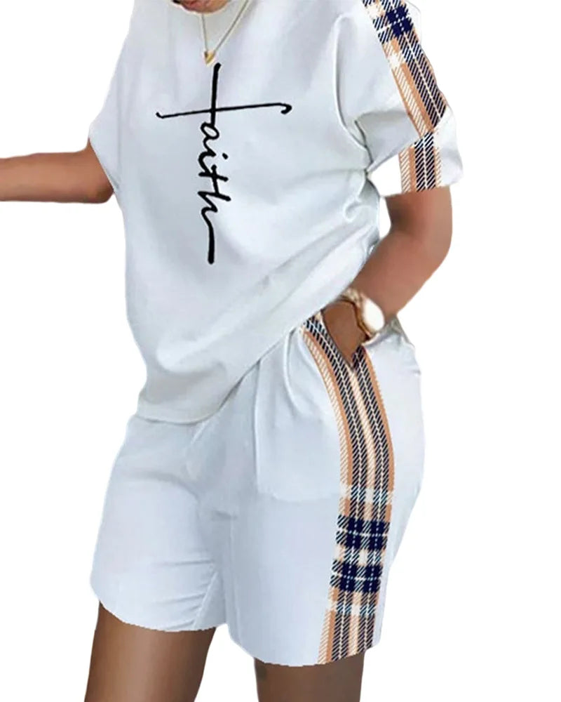 Women Casual Short Sleeve Two Piece Sets Women Outfit 2023 Summer Letter Printed Pocket Suit Female T Shirt Shorts 2 Pieces Set