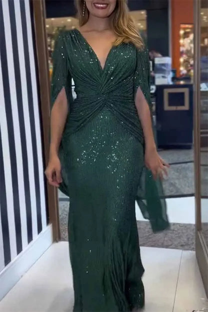 Autumn Winter Luxurious Sexy Sequins Cocktail Party Dress Prom Gown Cloak Sleeve V Neck Folds Corset Evening Floor Length Dress