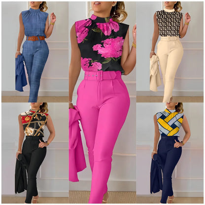 Office Elegant Sleeveless Print Shirt And Pant Set Casual Fashion O-neck Slim Pants Two Piece Set Summer Outfits For Women 2023