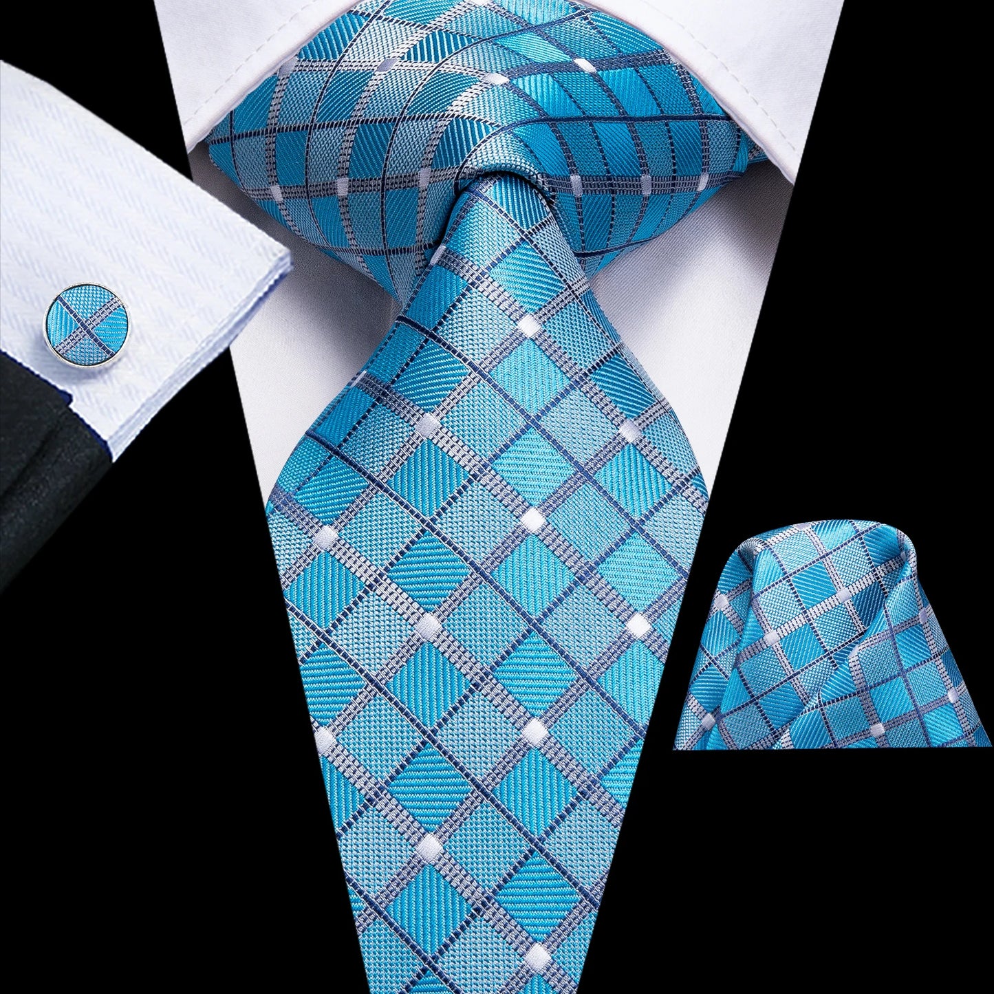 Hi-Tie Light Blue Solid Silk Wedding Nicktie For Men Hanky Cufflink Gift Men Tie Set Business Party Dropshipping Novelty Design