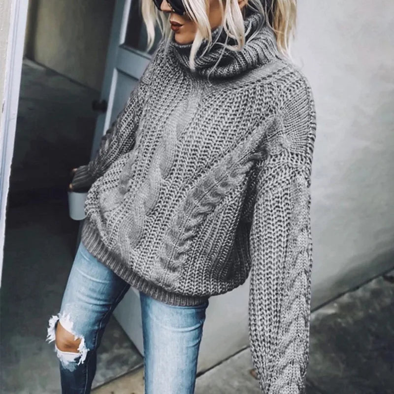 Women Knit Sweaters Full Sleeve Turtleneck Pullover Jumpers Casual Solid Sweater Thick Splice Lady Vintage Winter 2024