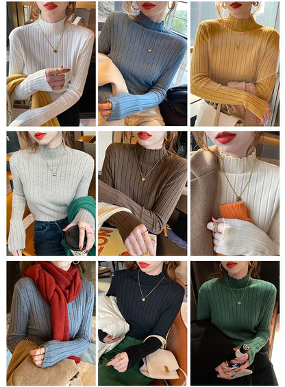 Autumn Winter Knitted Ribbed Turtleneck Sweater Women Clothes 2025 Long Sleeve Slim Basic Pullover Woman Sweaters Solid Tops