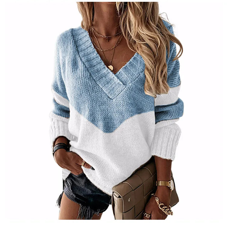 Pullovers Women Sweaters New long-sleeved 2021 Autumn Winters V Collar Loose Color Matching Sweaters Women Fashion OLN6057