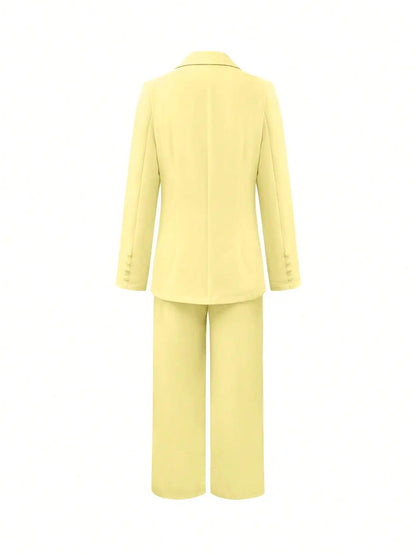 Two-piece solid-color button women's suit, suitable for year-round office wear.