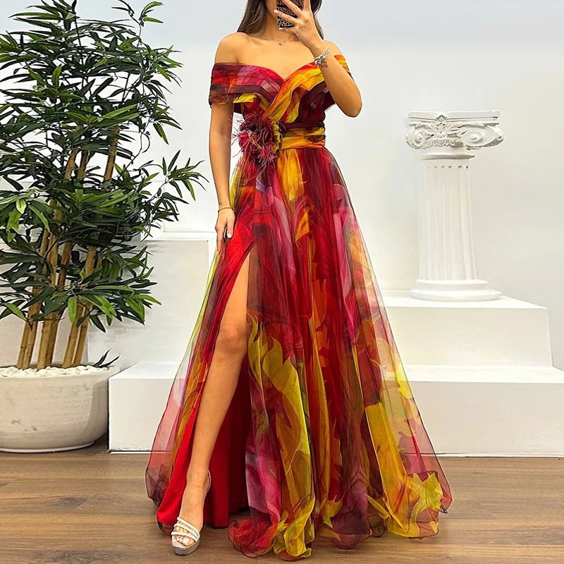 Spring Summer New Mesh Evening Dress Vintage Pattern Printed High Waisted Long Dress New One Shoulder Pleat Banquet Swing Dress