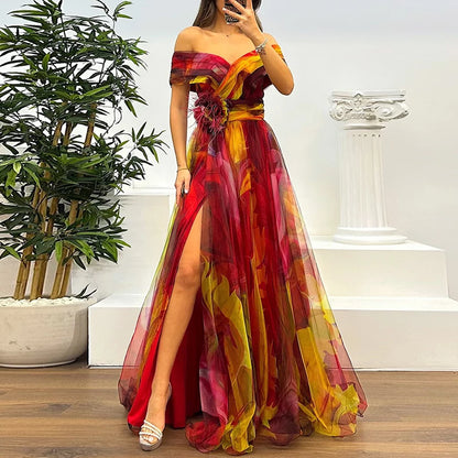 Spring Summer New Mesh Evening Dress Vintage Pattern Printed High Waisted Long Dress New One Shoulder Pleat Banquet Swing Dress