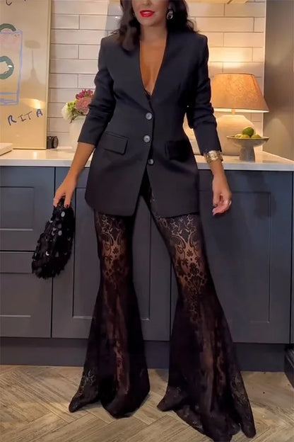 Women's Elegant Blazer Jacquard Lace Pants Sets Slim Button Full Sleeve Suit Jacket Long Flare Trousers Lady Party Outfits