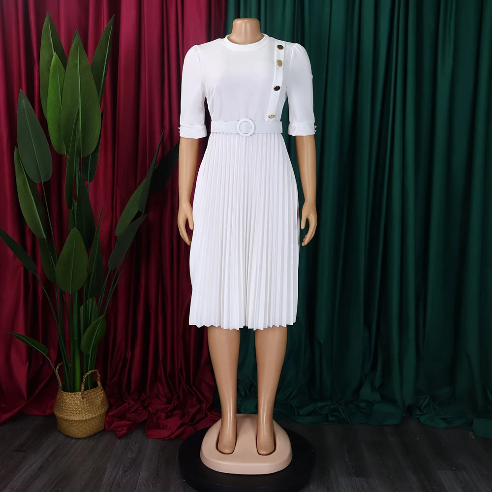 Elegant Office Pleated Dresses for Woman 2024 O Neck Buttons Belt Waisted Mid Calf Fashion Female Business Work Wear Dress Midi