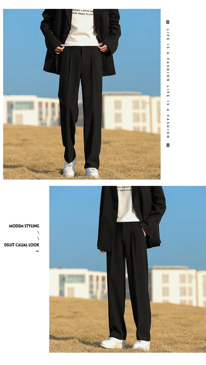 Spring Summer Men Suit Pants Wide Leg Long Drape Trousers Fashion Streetwear Clothing Solid Stretch Waist Oversize Pants Black