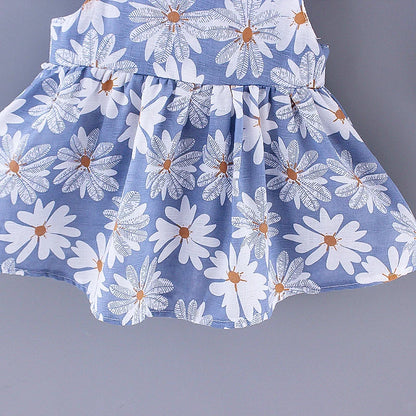 Summer New Girl Fashion Dress Small Chrysanthemum Hanging Strap Big Bow Princess Dress Party Dress 0-3 Years Old
