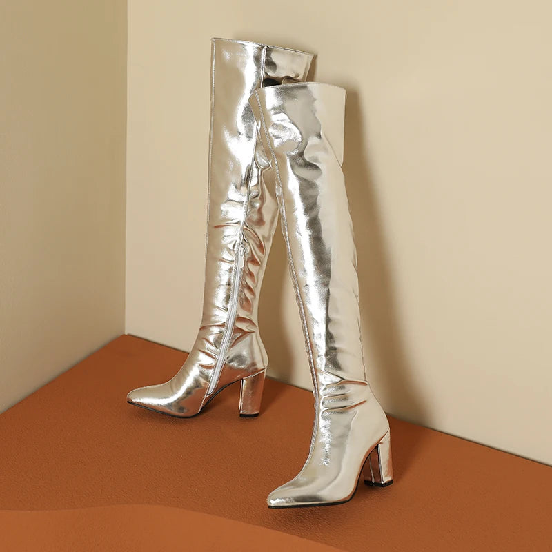 Winter Plus Size 40-45 Sexy Thigh High Boots Long Over Knee Gold Silver Block High Heel Boot Womens Shoes Pointed Toe Botas 2023