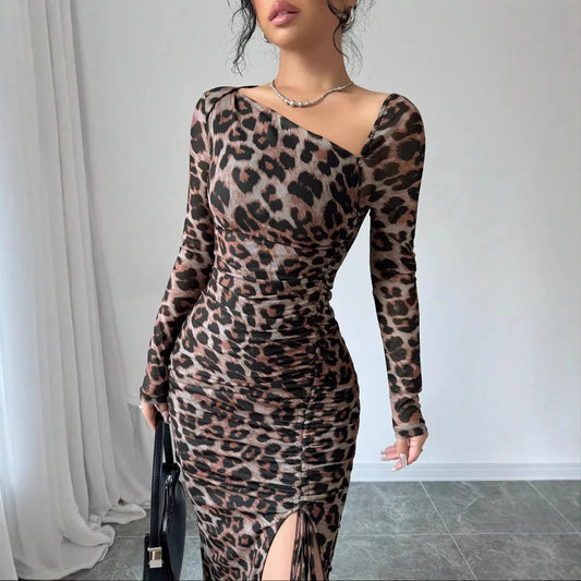 Sexy Leopard Print Women's Dresses Fashion Ruffled Sexy Slit Party Dress For Women Spring Summer  Bodycon Package hip Vestidos