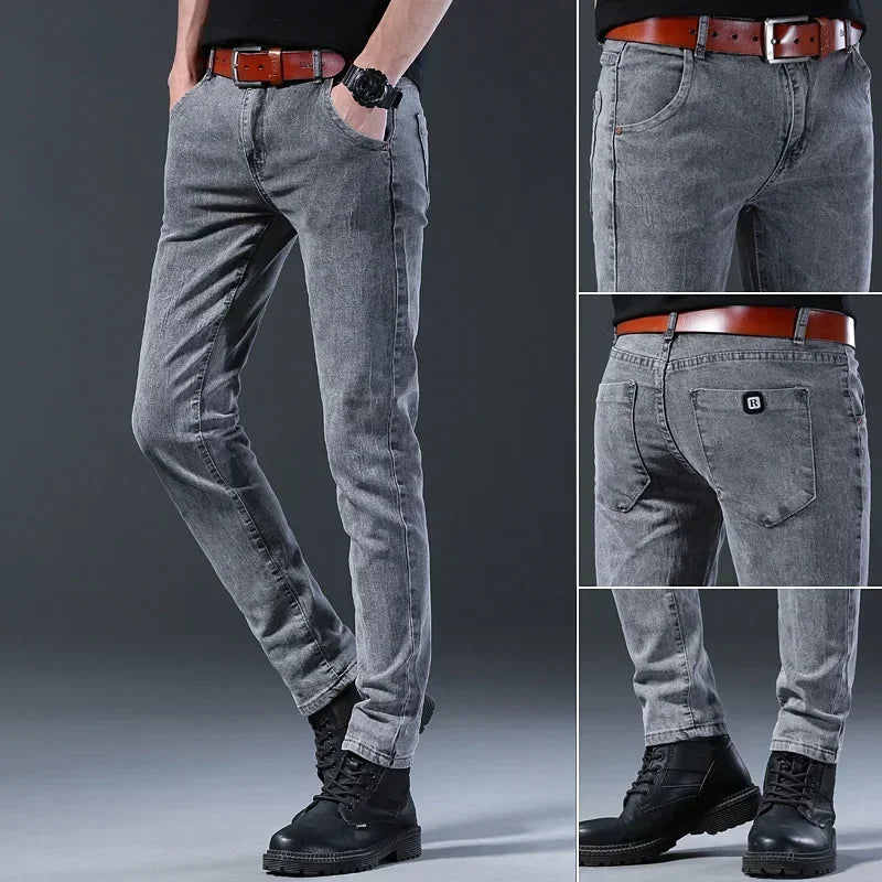 New Men's Denim Pants Slim Straight Gentleman Size 27-38 Slacks Fashion European American Style Stretch Men Luxury Jeans Grey