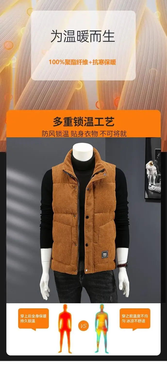 Waistcoat Male Wintertime Cotton Sill Young Person Korean Version Corduroy Vest Thickening for Warmth Men's Handsome Vest Jacket