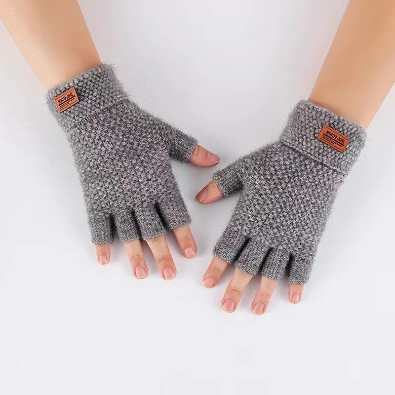 New Men Winter Wool Fingerless Gloves Half Finger Writting Office Knitted Alpaca Warm Leather Label Outdoor Thick Driving Gloves