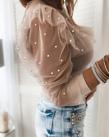 Tops for Women 2024 Summer Casual Beaded Sheer Mesh Ruffles O-Neck Long Sleeve Top Fashion Female Blouses Elegant Clothing