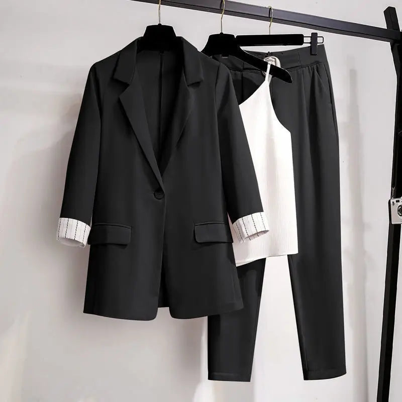 Women's 2025 Spring New Casual Blazers Jacket Matching Set Korean Elegant Chic Professional Suit Coat+Vest+Pants Three Piece