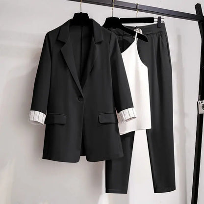 Women's 2025 Spring New Casual Blazers Jacket Matching Set Korean Elegant Chic Professional Suit Coat+Vest+Pants Three Piece