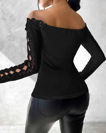 2023 Autumn Winter Spring New Fashion Casual Sexy Blouses Off Shoulder Hollow Out Lace Top Female Clothing TShirts Pullover Tops