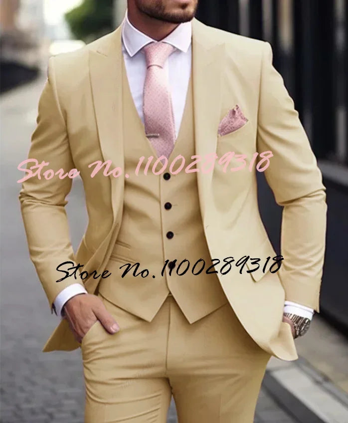 Pink Luxury Men's Suits Terno Formal Outfits 3 Piece Jacket Pants With Vest Slim Fit Luxury Costume Homme Formal Occasion Terno